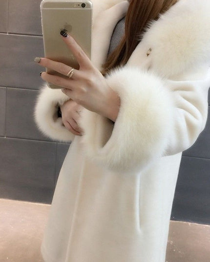 Hooded fox wool sheep sheared fur coat jacket
