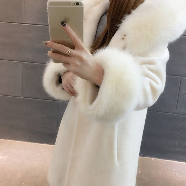 Hooded fox wool sheep sheared fur coat jacket