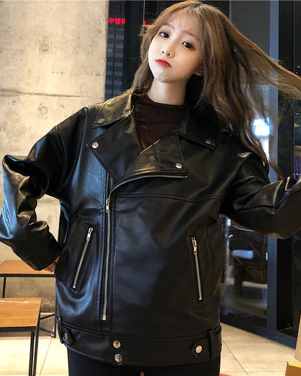 Leather coat women's autumn winter new Korean loose casual casual casual wear Pu motorcycle jacket ins fashion