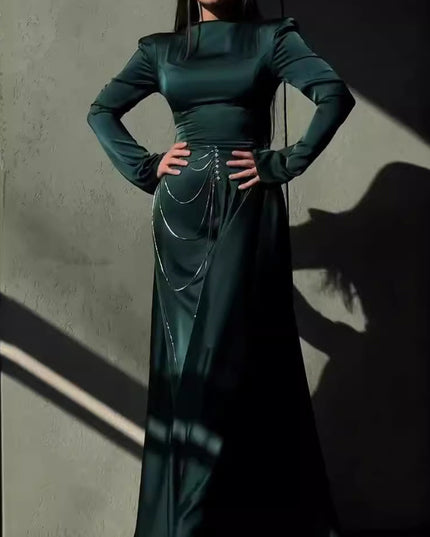 Satin Studded Long-sleeve Maxi Dress