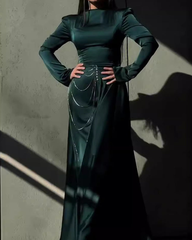 Satin Studded Long-sleeve Maxi Dress