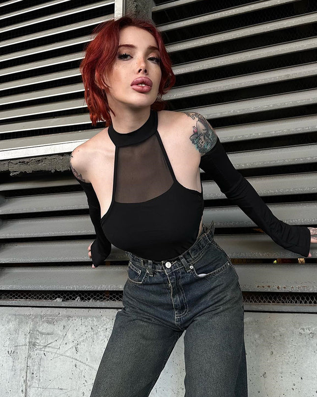 Long Sleeve Crotch Mesh Hollow High Elastic One-piece Women's Top
