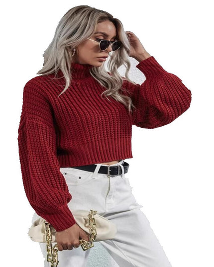 Turtleneck Midriff-baring Knitted Sweater Short