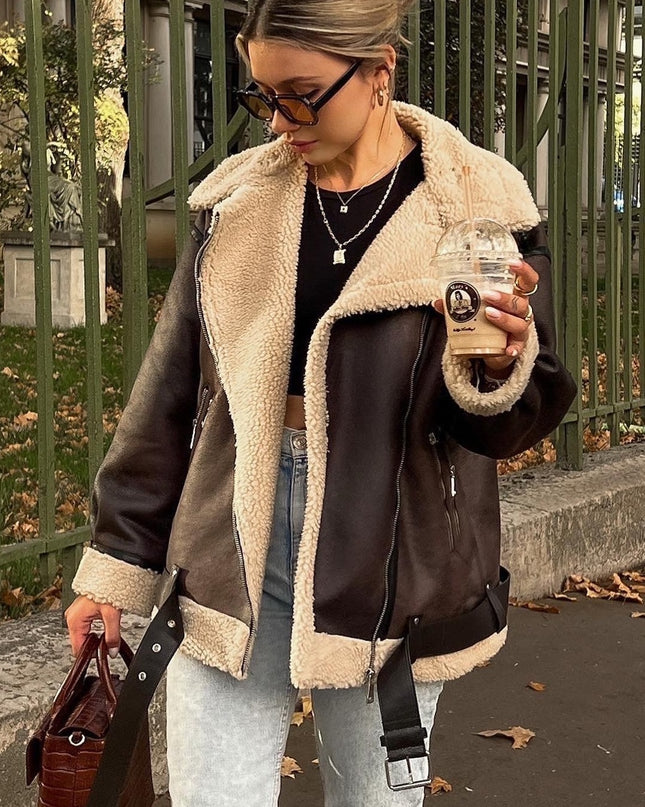 French Fur Integrated Multi-zipper All-matching Long Long Sleeve Jacket