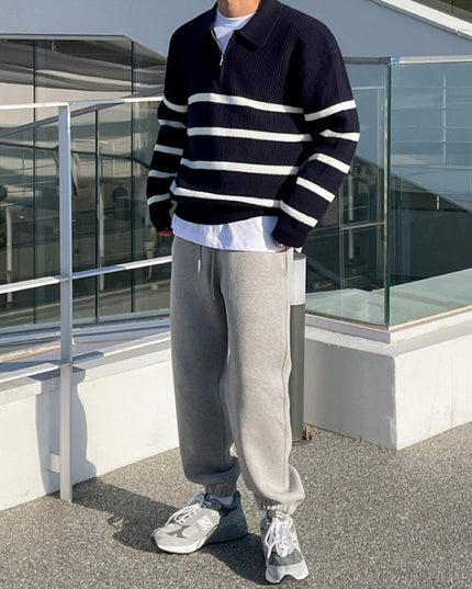 Half Zipper Contrast Color Knitwear Men's Loose Polo Collar Sweater