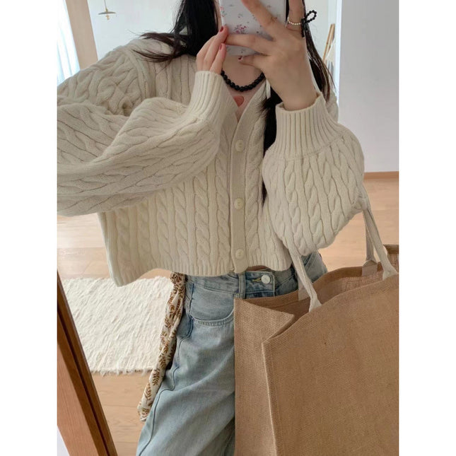 Twist Outer Wear V-neck Sweater Needle Woven Women's Cardigan