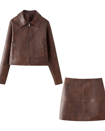 Women's Retro Lapels Long-sleeved Zipper Leather Jacket Skirt