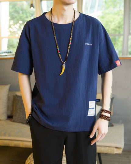 Chinese Men's Letter Embroidery Loose Half Sleeve Cotton Linen Short Sleeve