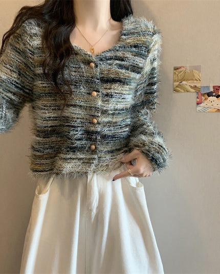 Soft Korean Style Square Collar Fur Design Striped Long Sleeve Sweater