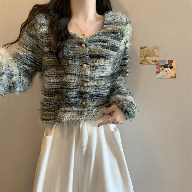 Soft Korean Style Square Collar Fur Design Striped Long Sleeve Sweater