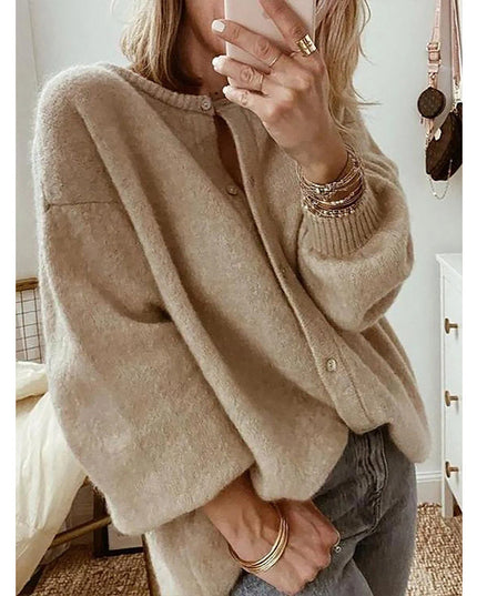 Trendy Women's Long Sleeve Knit Cardigan Sweater With Lantern Sleeves - Plus Size Casual Blouse