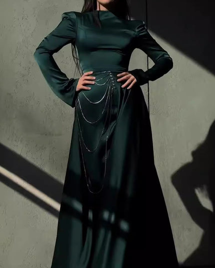 Satin Studded Long-sleeve Maxi Dress