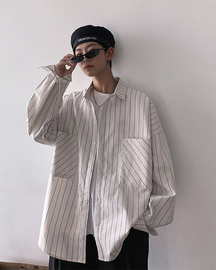Trendy Men With Long-Sleeved Shirt Korean Men's Handsome Striped Shirt