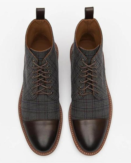 Lace-up Low-Top Men's Boots With Checkered Fabric