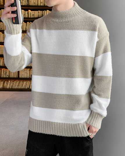 Half High Collar Pullover Striped T-Shirt