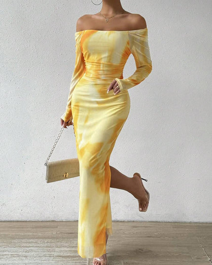 Printed Pleated Sexy Tight Split Square Collar Dress