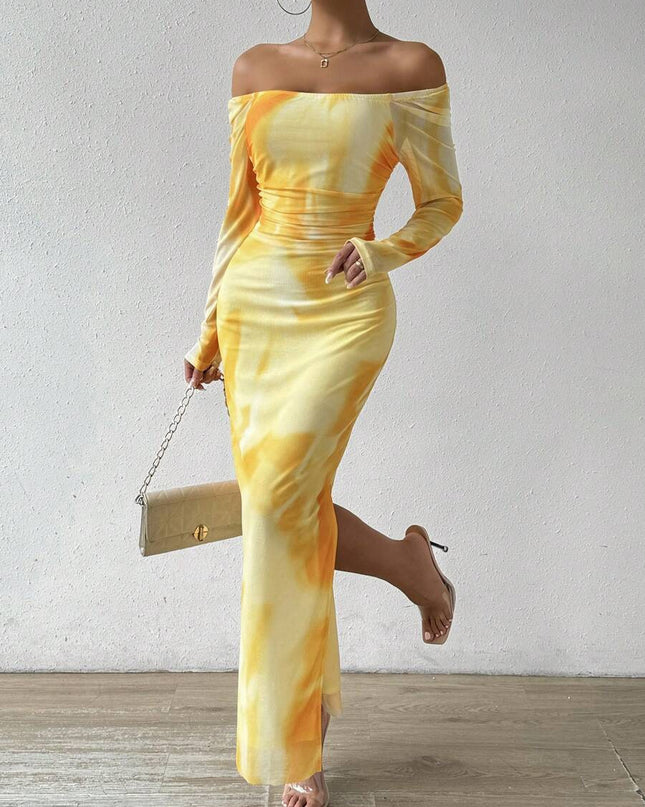 Printed Pleated Sexy Tight Split Square Collar Dress