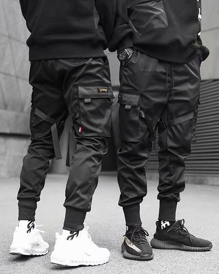 Ribbons Harem Joggers Men Cargo Pants Streetwear Hip Hop Casual Pockets Cotton Track Pants