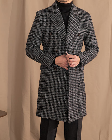 Wool Double Breasted Houndstooth Coat Mid-length Coat