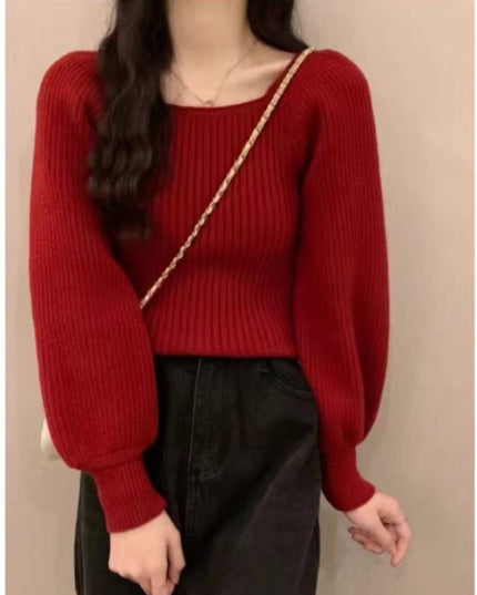 Western Style Low Collar Long Sleeves Top Slim-fit Sweater