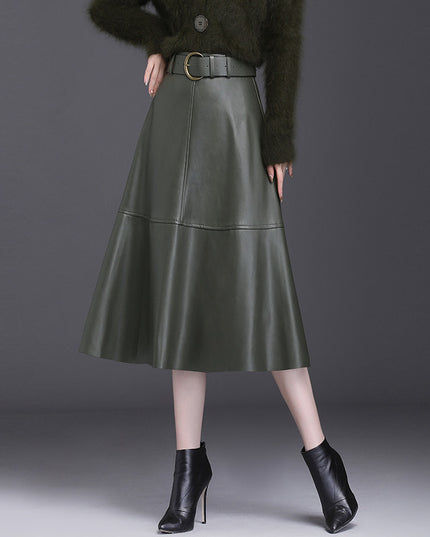 Leather Skirt Female A- Line High Waist Pleated Umbrella Skirt