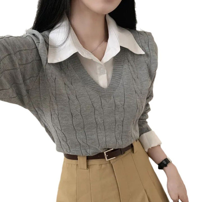Korean Style Blouse Collar Stitching Fake Two-piece Knitted Sweaters