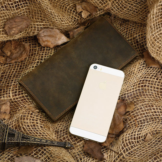 Men's Vintage Crazy Horse Leather Long Vertical Wallet