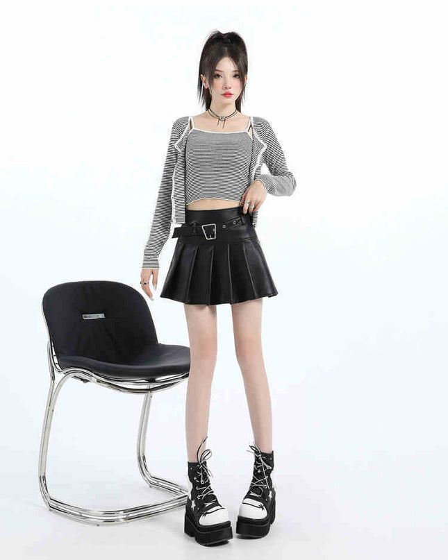PU Leather Skirt High Waist Slimming A- Line Pleated Skirt