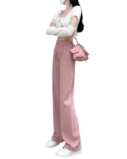 Dirty Pink Wide Leg Denim Women's High Waist Slimming Loose Straight Mop Pants