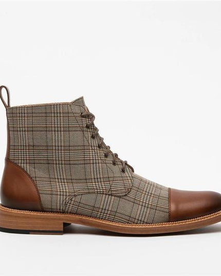 Lace-up Low-Top Men's Boots With Checkered Fabric