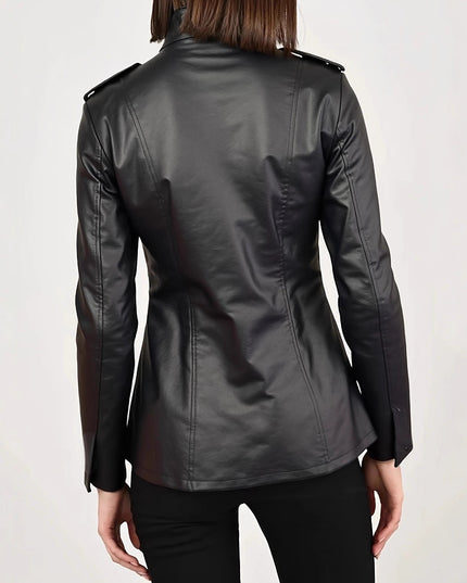 Women's Stand Collar Long Sleeve Distressed Fashion Leather Jacket Coat