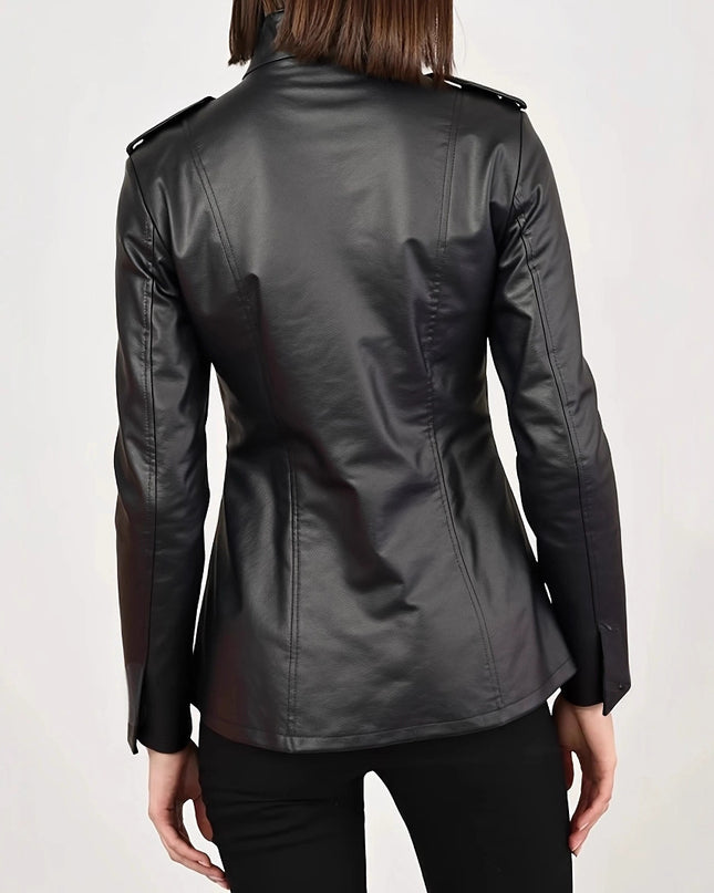 Women's Stand Collar Long Sleeve Distressed Fashion Leather Jacket Coat