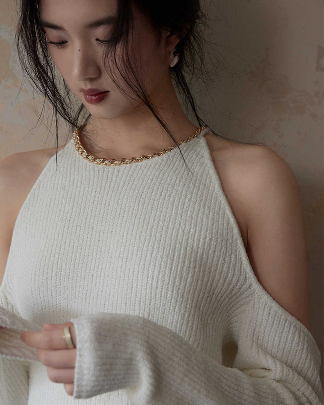 Chain Embellished Neckline Shoulder-baring Sweater