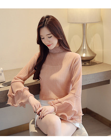 Stand collar beaded chiffon shirt