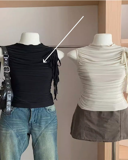 Design Mesh Lace-up Waist-controlled Pleated Vest