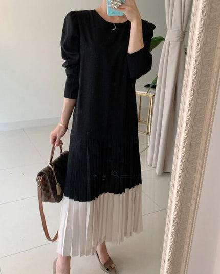 Round Collar Color Patchwork Pleated Dress Long Skirt Woman