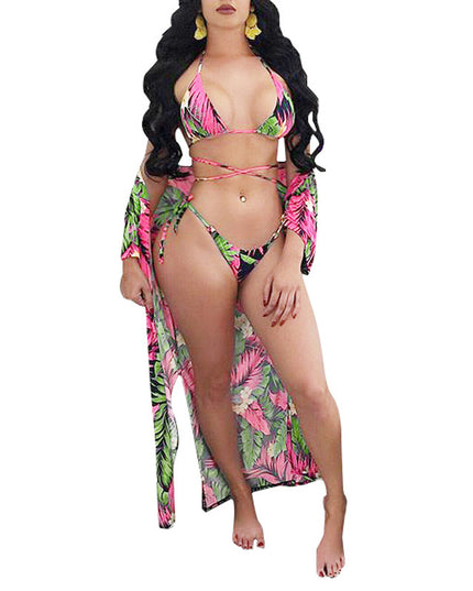 Three-piece printed cloak bikini swimsuit