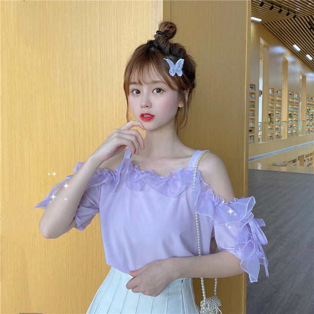Puff sleeve one-shoulder short sleeve shirt