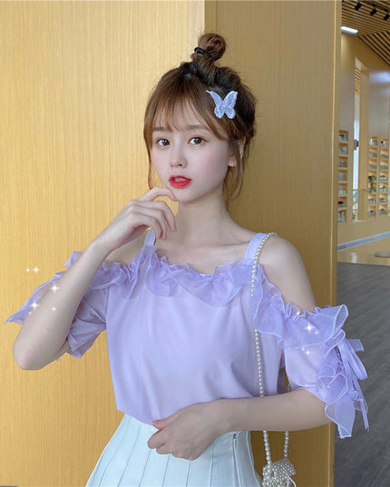 Puff sleeve one-shoulder short sleeve shirt