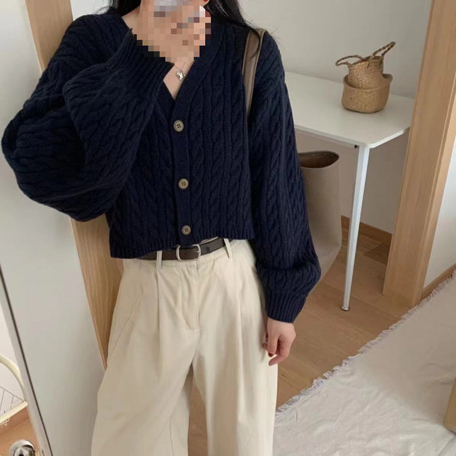 Twist Outer Wear V-neck Sweater Needle Woven Women's Cardigan