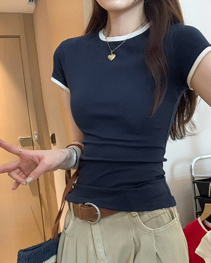 Korean Chic Color Contrast Patchwork Shoulder Round Neck Short Sleeve