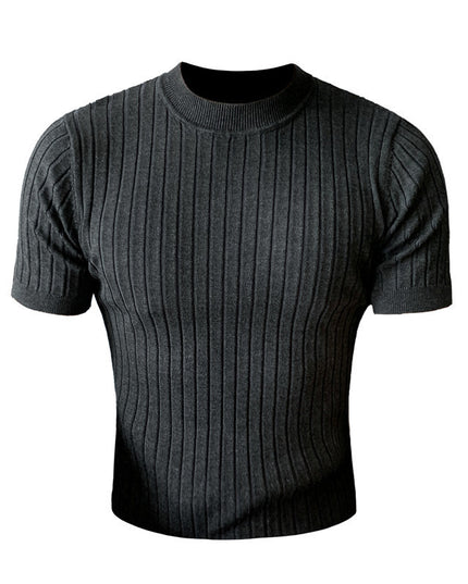 Thin Solid Color Half Turtleneck Dark Stripe Knit Short Sleeves