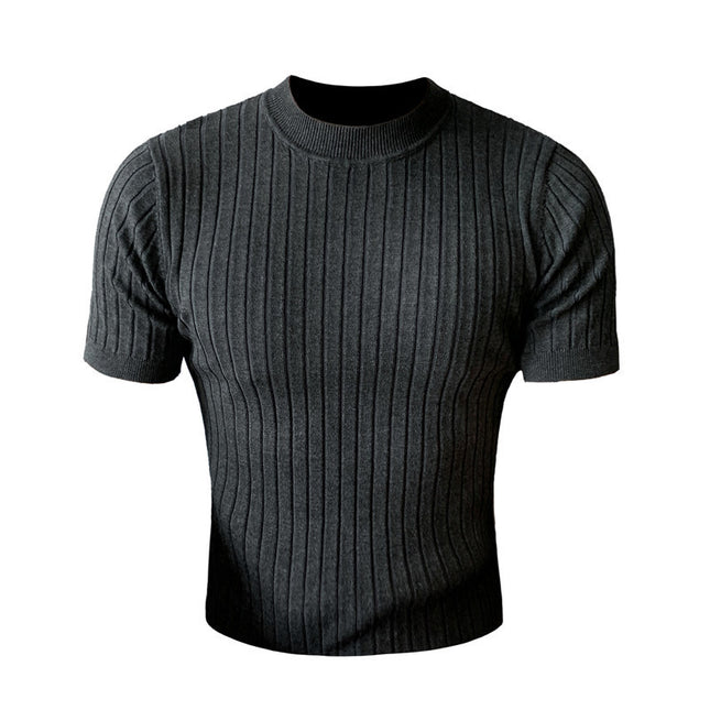 Thin Solid Color Half Turtleneck Dark Stripe Knit Short Sleeves