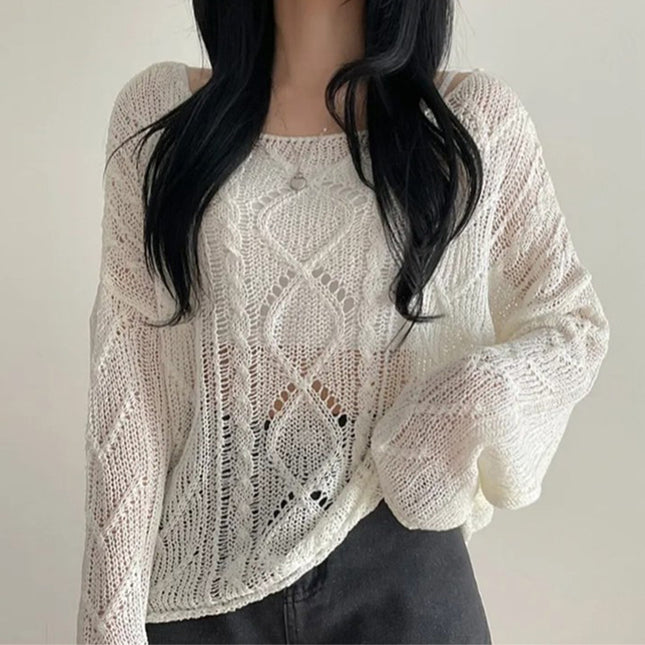 Hollow Jacquard Sun Protection Shirt Knitted Blouse Women Loose Thin Top