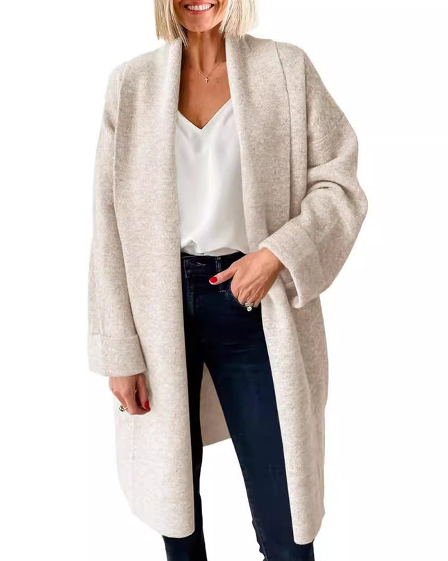 Elegant Long Collarless Cardigan Sweater Women's Coat