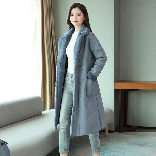 Korean style loose fur coat mid-length deerskin cotton jacket