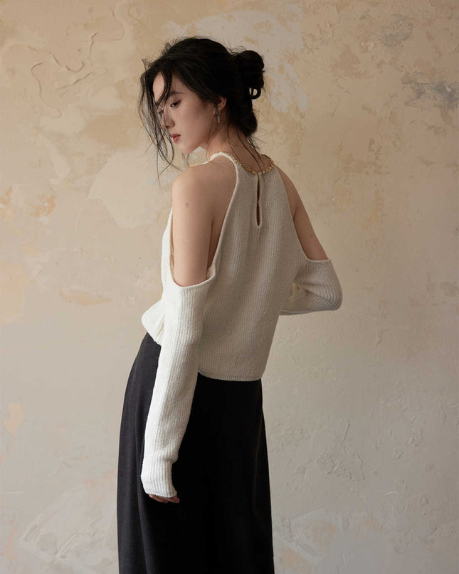 Chain Embellished Neckline Shoulder-baring Sweater