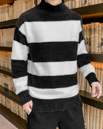 Half High Collar Pullover Striped T-Shirt