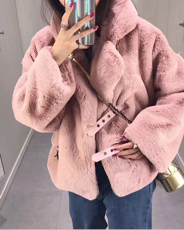 Winter Korean Female Fur Coat Short Soft Rabbit Fur Jacket Long-Sleeved Shaggy Thicken Warm Women Fashion Outwear