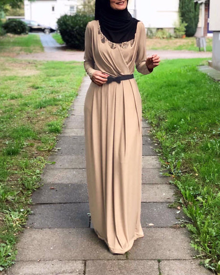 Dress V-neck tie pleated mopping maxi skirt